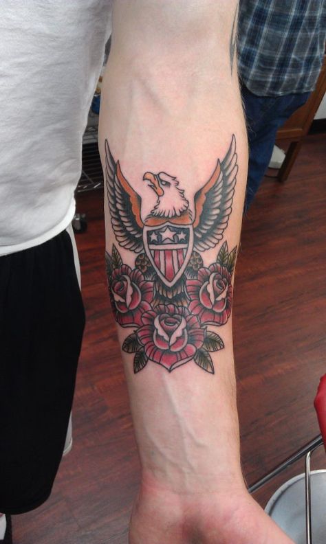 U.S.A Eagle Us Army Tattoos, Traditional Eagle, Traditional Eagle Tattoo, Flag Tattoos, Army Tattoos, Traditional Sleeve, Military Tattoos, Army Wives, Forearm Tattoo Design