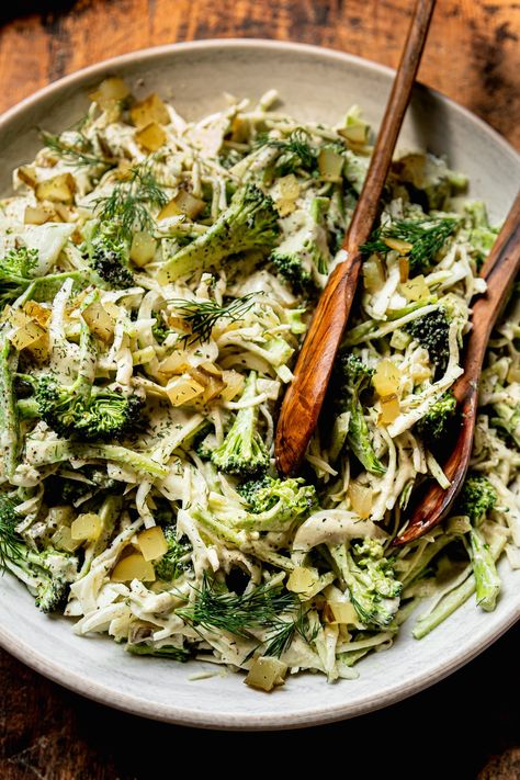 Crunchy & Creamy Dill Pickle Broccoli Slaw Cold Starters, Broccoli Slaw Dressing, Dill Pickle Salad, Pickle Salad, Salad Cabbage, Broccoli Slaw Salad, Dill Pickle Soup, Dill Salad, Mushroom Sandwich