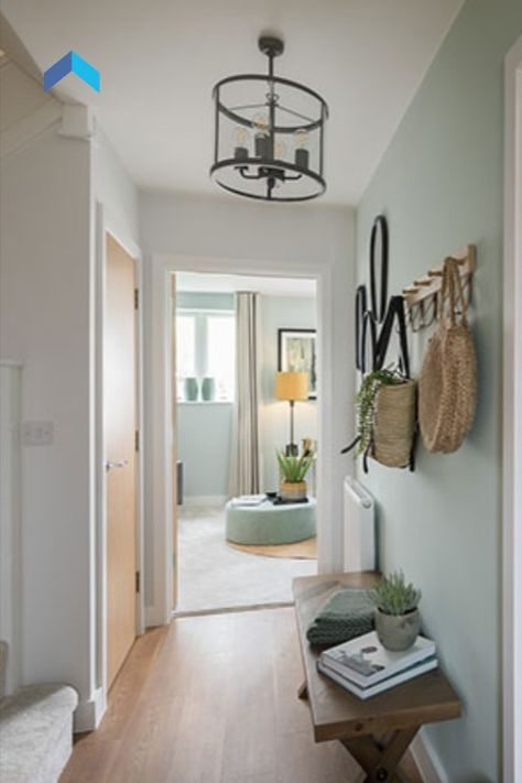 Pastel Green Hallway, Light Green Hallway Ideas, Small Landing Decor Upstairs, Small Landing Decor, Landing Decor Upstairs, Green Hallway Ideas, Hallway Colour Ideas, Bright Hallway, Green Hallway