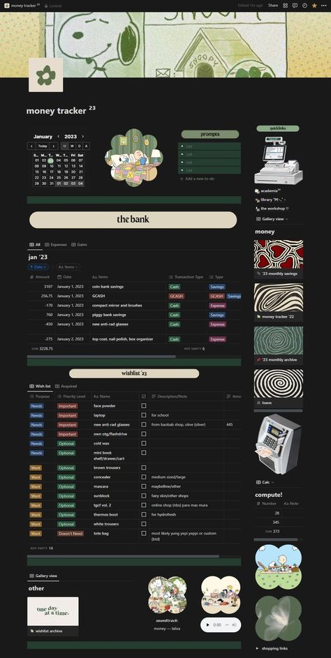 dark mode version ; TEMPLATE: https://ko-fi.com/s/d265997135 #notion #money #tracker #green #moneytracker #savings #bank #template #notiondesign #productivity #cloudji Studie Hacks, Money Tracker, Theme Template, Dark Mode, Notes Inspiration, Notion Template, Get My Life Together, Aesthetic Template, Study Motivation Inspiration