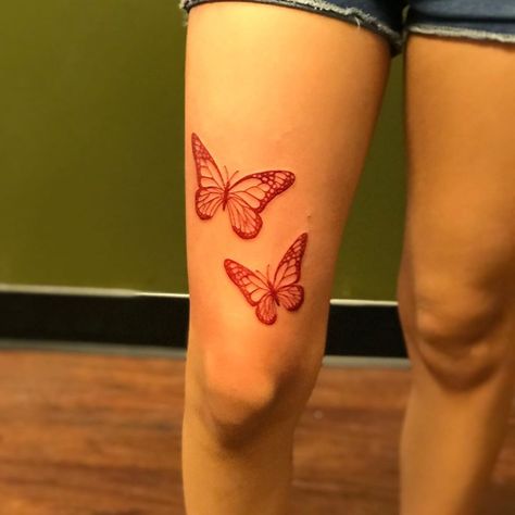 Butterfly Tattoo Thigh, Monarch Tattoo, Butterfly Thigh Tattoo, Monarch Butterfly Tattoo, Thigh Tat, Tattoo Red, Tattoo Thigh, Palm Tree Tattoo, Red Ink Tattoos