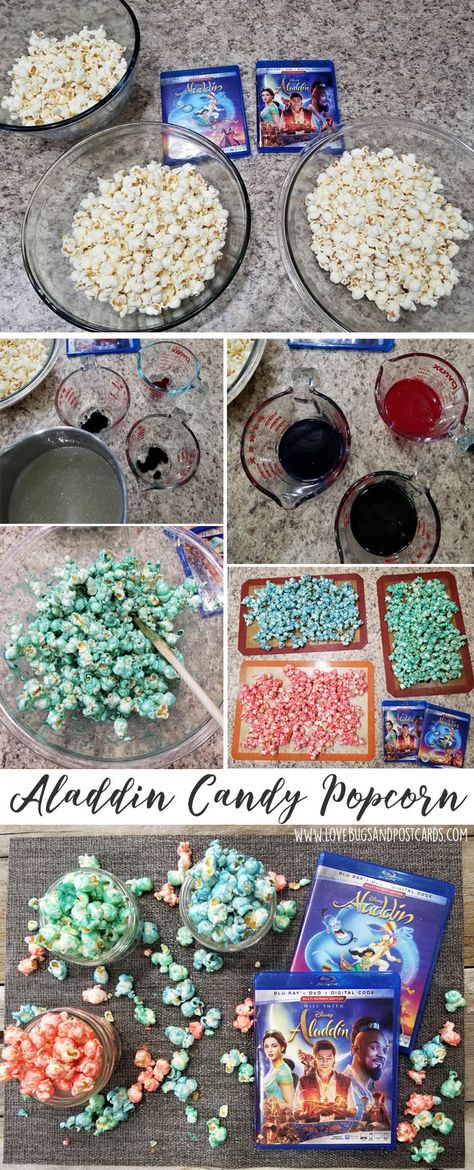 Disney’s Aladdin Candy Popcorn (plus giveaway) Elemental Movie Food, Aladdin Snacks, Aladdin Desserts, Aladdin Movie Night, Movie Night Disney, Candy Popcorn Recipe, Nerdy Recipes, Disney Popcorn, Aurora Birthday