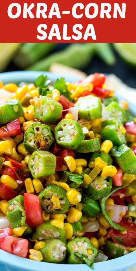 Okra Corn Salsa makes a healthy summer appetizer #glutenfree #vegetarian Okra Meal Ideas, Okra Appetizers, Fresh Okra Recipes, Okra Salad, Summer Salsa, Okra And Tomatoes, Pickled Jalapenos, Okra Recipes, Corn Salsa