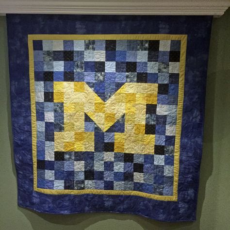 Made this version of a University of Michigan Quilt for a friend of a friend. High School Quilt Ideas, College Quilts Ideas, Quillow Ideas, Michigan Quilt, College Quilts, Quirky Quilts, Family Quilt, Sports Quilts, Tee Shirt Quilt