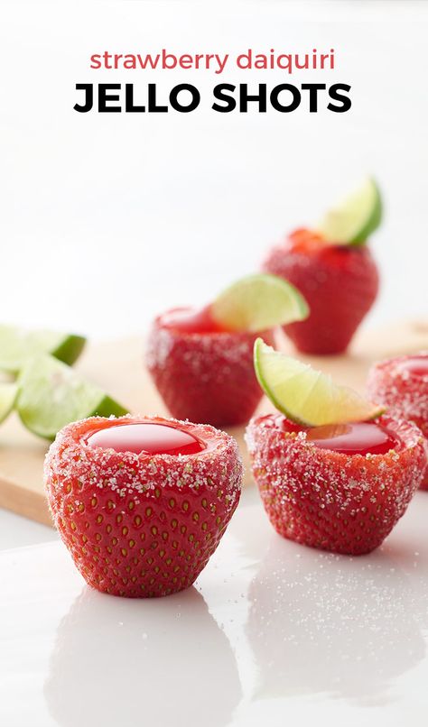 Strawberry Daiquiri Jello Shots. A jello shot INSIDE a strawberry makes for a completely edible treat! These might be the best jelly shot to date. Not only do you get the boozy fun of a jelly shot, but also the vessel that holds the shot is edible. And not only is it edible... it’s a sweet, delicious strawberry. It doesn’t get much better than that! Jello Shots Fruit, Boozy Strawberries, Fancy Jello Shots, Strawberry Daiquiri Jello Shots, Best Jello Shots, Jello Shots Recipe, Jelly Shots, Alcoholic Desserts, Pudding Shots