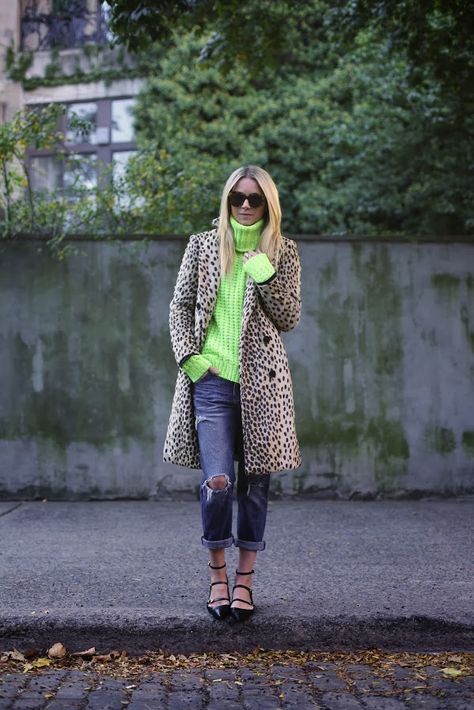 Green Sweater Outfit, Neon Sweater, Transitional Dressing, Atlantic Pacific, Neon Outfits, Fall Fashions, Leopard Print Coat, Sweater Outfit, Simply Chic