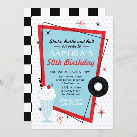 1950s Sock Hop Birthday Party Invitation - 1950s invitations 1950s Party Invitations, Diner Birthday Party, 1950s Sock Hop, 1950s Theme Party, 50s Birthday, Green Graduation Party, 50s Theme, 50s Theme Parties, Sock Hop Party