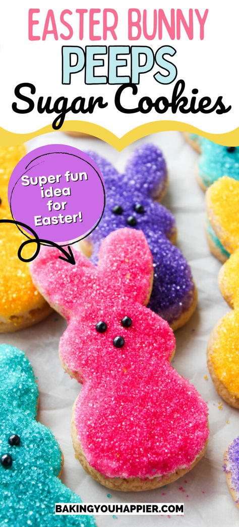 Peeps Bunny Sugar Cookies, these soft sugar cookies are cut in the shape of Easter Peeps and generously covered with bright sanding sugar! Bunny Sugar Cookies, Sweet Easy Recipes, Sanding Sugar, Soft Sugar, Soft Sugar Cookies, Easter Peeps, Food For A Crowd, Easter Treats, Best Dessert Recipes