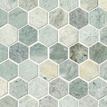 Mosaic Tiles for Bathrooms, Backsplashes & More | The Tile Shop Blue Green Backsplash Kitchen, Sage Green Backsplash, Shower Update, Green Mosaic Tile, Green Tile Bathroom, Hex Tile, Marble Wall Tiles, Renovation Inspiration, Shower Floor Tile