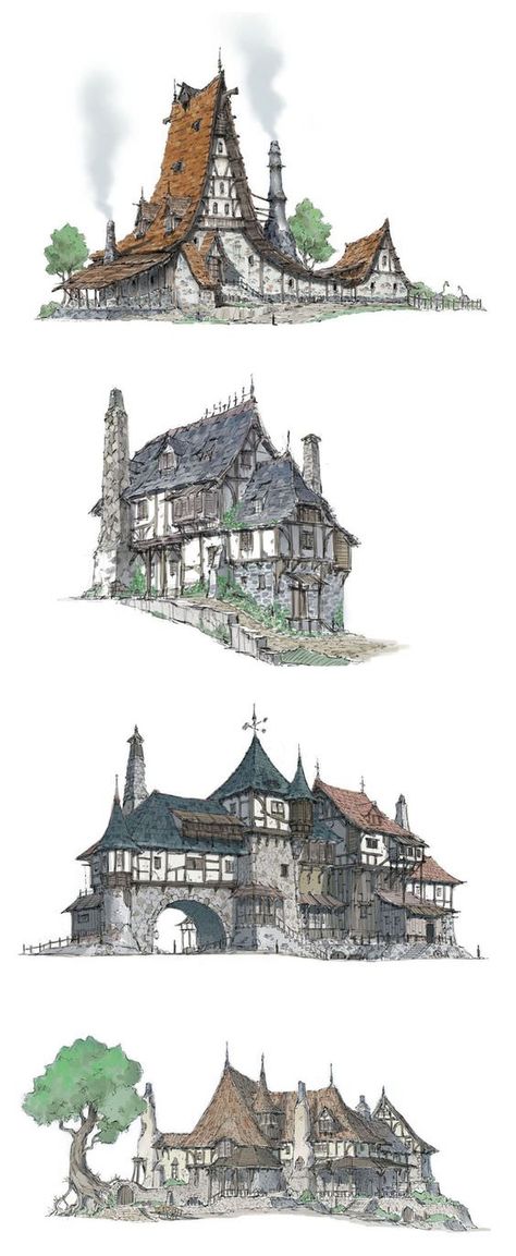 Drawings Of Houses, Casa Fantasy, العصور الوسطى, Peisaj Urban, Medieval Houses, Building Concept, Fantasy House, Fantasy City, House Architecture