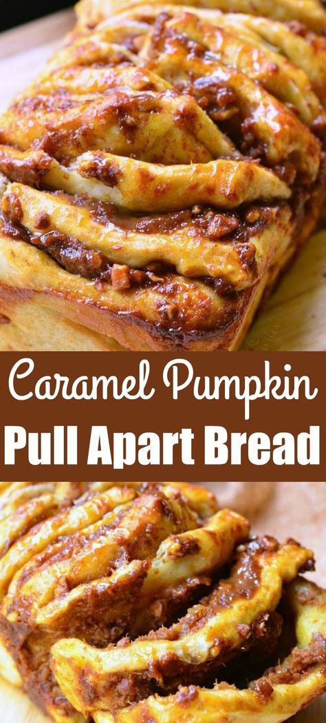 Easy Caramel Pumpkin Pull Apart Bread. Quick and easy pull apart bread where each layer is slathered in a sweet combination of pumpkin, caramel, and pecans. #pumpkin #pullapart #bread #caramel #dessert #snack Caramel Pull Apart Bread, Nut Breads, Pumpkin Pull Apart Bread, Pumpkin Spice Recipe, Slow Cooker Desserts, Dessert Easy, Pumpkin Treat, Apple Bread, Pumpkin Caramel