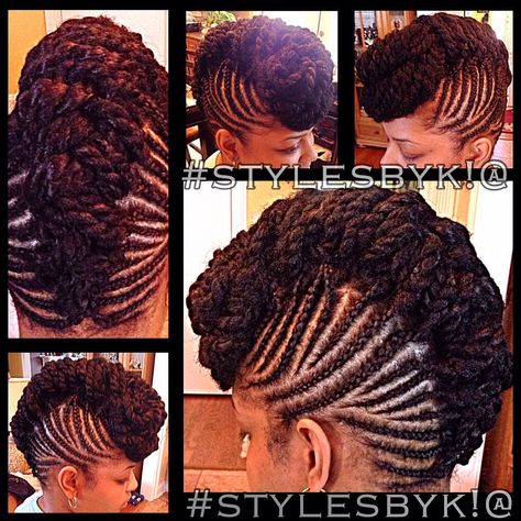 Braid cornrow mohawk with marley twists Updo natural hair African Hairstyles For Women Braids, Braid Mohawk Updo, Hairstyles For Women Braids, Braided Mohawk With Twist, African Hairstyles For Women, Mohawk Natural Hair, Marley Twists Updo, Updo With Marley Hair, Braiding Mohawk Hairstyles