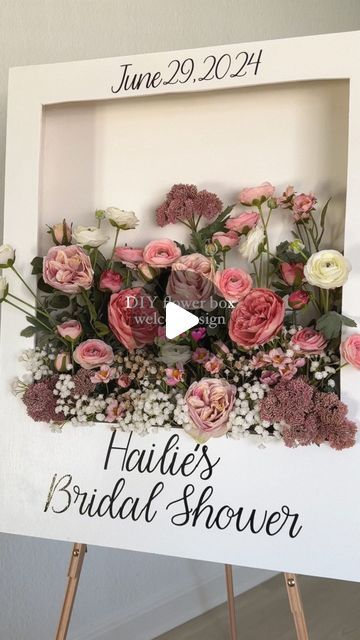 Hailie on Instagram: "DIY flower welcome sign for my bridal shower 🎀💐💞🌷 I’ve been seeing so many of these on social media lately ,so of courseI wanted to try it out! I’m so happy I did because I think it turned out so great and was the perfect touch to for the party!

#bridalparty #diy #weddinginspiration #flowerarrangement #outdoordecor #bridalshowerdecor #homedecor #flowerbox #creativeideas #personalizedsign #doityourself #welcomesign #crafty #rusticchic #weddingdecor #weddingcrafts #diyproject #diydecor #handmade #bridalshower" Bridal Shower Sign With Flowers, Flower Welcome Sign, Diy Flower Boxes, Instagram Diy, Wedding Crafts, Bridal Shower Decorations, Flower Boxes, Rustic Chic, Personalized Signs