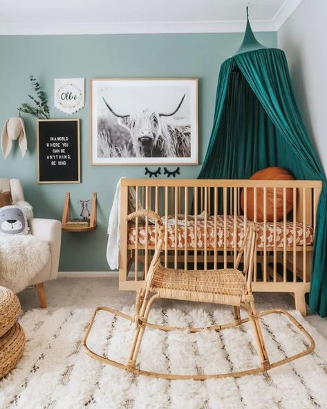 Boho nursery win muted teal walls and natural accents Baby Boy Nursery Room Ideas, Baby Room Boy, Kura Bed, Scandi Boho, Green Nursery, Parenting Ideas, Cinnamon Brown, White Nursery, Beautiful Nursery