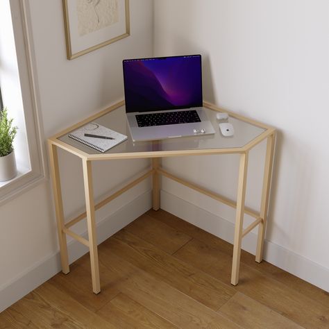 Optimize your workspace with this sleek corner desk. A glass tabletop provides plenty of room for your laptop and notebooks, while the unique corner design saves space in your studio apartment or open concept floorplan. Tiny Desk Space, Corner Desk Ideas Bedrooms, Corner Desks For Small Spaces, Small Corner Office Ideas, Tiny Home Office Ideas, Corner Desk Ideas, Glass Corner Desk, Small Corner Desk, Office Corner