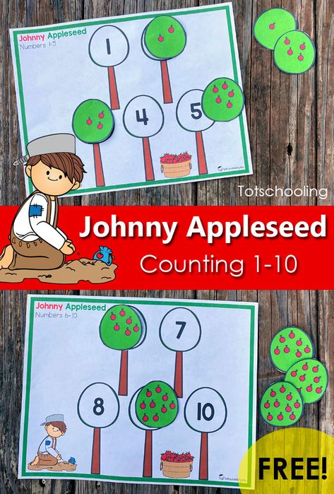 Johnny Appleseed Day Preschool, Jonny Appleseed Preschool, Johnny Appleseed Day Activities, Johnny Appleseed Activities Preschool, Preschool Apples, Kinder Math Centers, Johnny Appleseed Day, Johnny Appleseed Activities, Teacher Crafts