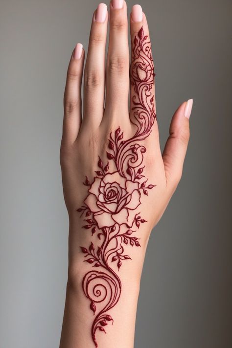 One Hand Henna Design, Leafy Henna Design, Swirly Henna Designs, Cherry Blossom Hand Tattoos For Women, Henna Tattoo Designs Rose, Mehendi Designs For Back Hands Simple, Henna Rose Designs, Henna Design Aesthetic, Henna Simple Designs