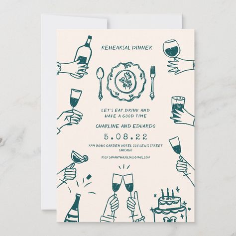 Whimsical Hand drawn Funky Contemporary Hand Drawn Invitation, Dinner Party Invitations, Dinner Party Summer, 21st Birthday Cards, Rehearsal Dinner Invitation, Wedding Party Supplies, Dinner Invitation, Rehearsal Dinner Invitations, Invitation Inspiration