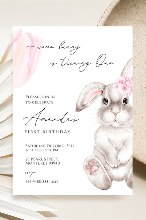 Bunny Invitation Template, Bunny First Birthday Girl, Bday Invitation Card, Bunny First Birthday, Bunny Invitations, First Birthday Invite, First Birthday Girl, 1 Year Birthday, Bday Invitations