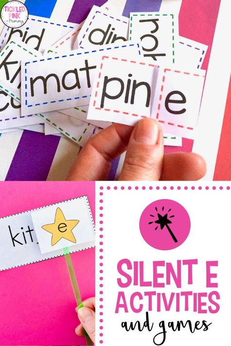 Try these silent e activities and games with your kindergarten or first grade students! Learn about the fun and engaging ways I teach "magic e" or "silent e" in my classroom, and the variety of hands-on ways you can practice this rule with your students. Some of my favorite activities include videos, flip strips, fluency and fitness, matching games, and more! Many of these activities can be used whole group or for your literacy centers. Kg2 Activities, Magic E Activities, Silent E Activities, Magic E Words, Long Vowel Words, Vowel Activities, Silent E, Learning Phonics, Letter Games