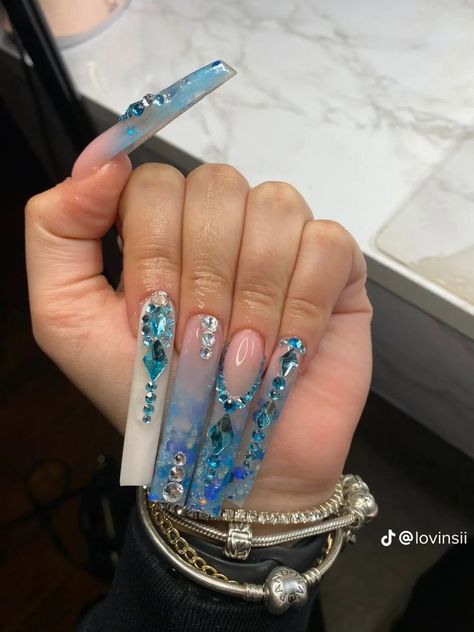 Tapered Square Nails, Blue Acrylic Nails, Ombre Acrylic Nails, Nails Design With Rhinestones, Dope Nail Designs, Exotic Nails, Long Acrylic Nails Coffin, Long Square Acrylic Nails, Bling Acrylic Nails