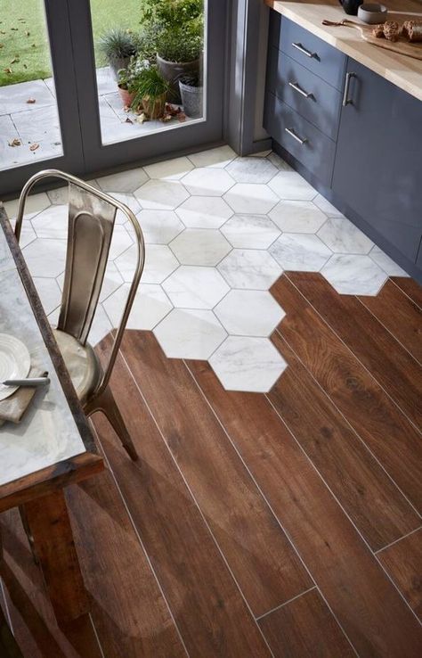 Saw similar ones at http://www.simiflooring.com/ Transition Flooring, Tile Trends, Wooden Floors, Hexagon Tiles, Wood Tile, Floor Design, On The Floor, Design Case, Wooden Flooring