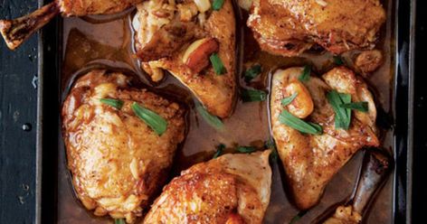 In this version of chicken with 40 cloves, peeled garlic is cooked until it's all but melted, resulting in a velvety sauce to spoon over the bronzed bird. 40 Clove Garlic Chicken, Garlic Chicken Recipes, Garlic Recipes, Think Food, Idee Pasto Sano, Garlic Chicken, Poultry Recipes, Classic Food, Turkey Recipes