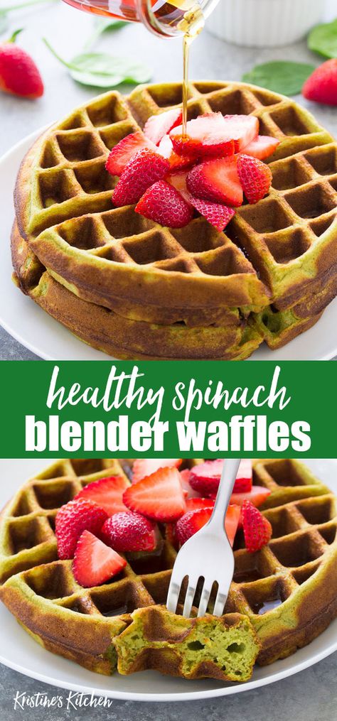 These Healthy Spinach Blender Waffles are a fun breakfast for kids! This quick and easy recipe is also perfect for making ahead for lunchboxes! These green smoothie waffles are made with healthy ingredients including eggs, spinach, Greek yogurt, banana and maple syrup. #waffles #wafflerecipes #spinach #breakfastideas Spinach Waffle Recipe, Spinach Waffles For Baby, Blender Breakfast, Spinach Waffles, Blender Waffles, Best Breakfast Smoothies, Breakfast Yogurt, Breakfast Cakes, Recipes Spinach