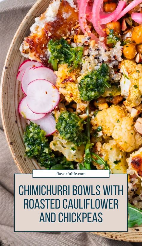 Vegetarian high protein dinner anyone? This chimichurri bowl recipe is SO delish! The chimichurri vegetarian bowls begin with a bed of high-protein quinoa and are packed with crispy chickpeas, roasted cauliflower, and big hunks of fried feta. Everything is laced with a gorgeous arugula chimichurri and finished with pickled red onions and chipotle almonds. This is what I mean when I say nutritious AND delicious. Chimichurri Bowl, Fried Feta, Cauliflower And Chickpeas, Chickpeas Roasted, Vegetarian High Protein, Vegetarian Bowls, High Protein Dinner, Protein Dinner, Crispy Chickpeas