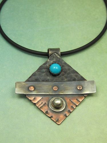 Mixed Metal Turquoise Riveted Dark and Light Pendant | Flickr Rivet Jewelry, Cold Connections, Metal Art Jewelry, Metal Jewellery, Metal Forming, Bijoux Fil Aluminium, Boat Building Plans, Metalwork Jewelry, Soldering Jewelry