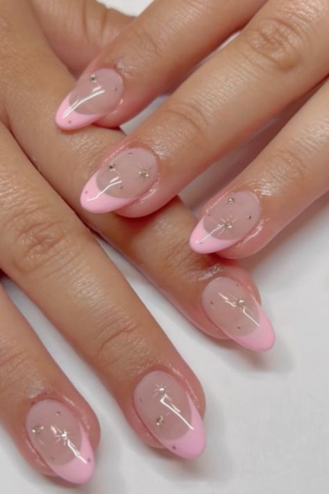 Manicure, Pink French Tip Nails, Nails, Acrylic, Gel, Rhinestones, Gems Cute Short Acrylic Nails Almond Pink, Acrylic Nail Designs Almond Pink, Cute Pink Oval Nails, Simple Cute Nail Designs Almond, Almond Nails Designs Summer 2023, Nails Bejeweled, Biogel Nail Designs, Cute Pink Almond Nails, Small Almond Nails Design