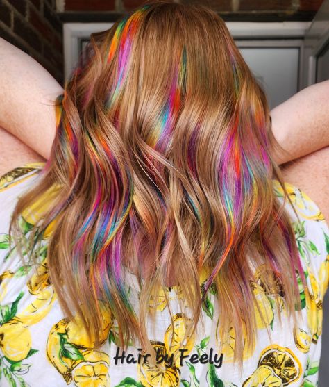 Red Hair With Rainbow Highlights, Copper Rainbow Hair, Ginger Rainbow Hair, Holo Hair Color, Autumn Rainbow Hair, Fall Rainbow Hair, Brown Hair Rainbow Highlights, Rainbow Money Piece Hair, Rainbow Prism Hair