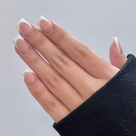 Pink And White Frenchies Nails, Short Full Set Nails, Short Pink And White Nails, Pink And White Nails French, Deep French Tip Nails, Short Frenchies, Acrylic Full Set, Box Nails, Neutral Nails Acrylic