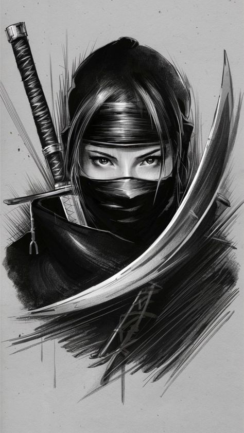 Lady Samurai Tattoo, Warrior Female Art, Tattoo Ninja, Drawing Ninja, Ninja Drawing, Female Samurai Tattoo, Lady Samurai, Shogun Tattoo, Female Samurai Art