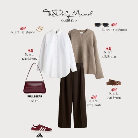 🍂 Fall in love with neutrals & bold accents 🍂 Se ami i colori neutri ma vuoi aggiungere un tocco di carattere, questo look fa al caso tuo! Pantaloni color cioccolato, una camicia bianca in popeline e un maglioncino beige mélange formano la base perfetta per un outfit chic e versatile. Ma il vero protagonista? Scarpe e borsa bordeaux, uno dei colori top di questa stagione 🍷✨. Completano il tutto orecchini dorati e occhiali da sole con montatura in metallo dorato per un tocco sofisticato. Qua... Bordeaux Outfit, Love With, Outfit Chic, Minimal Outfit, Fall In Love, In Love, Adidas, Color, Bordeaux