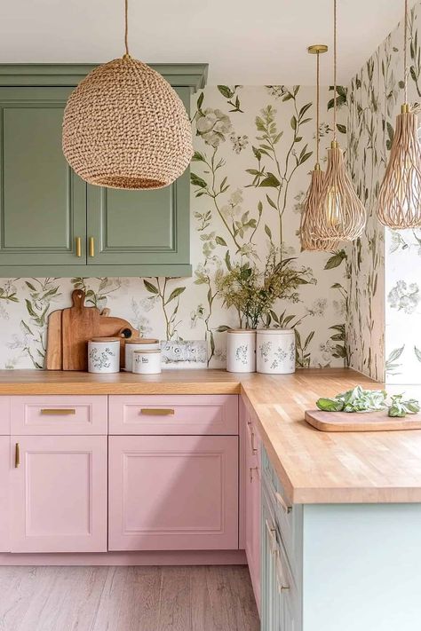 Alt tag: Charming pink and sage kitchen featuring pastel cabinets and stylish decor accents. Pink And Green Kitchen Cabinets, Sage And Pink Kitchen, Light Green And Pink Aesthetic, Pink And Green Kitchen Ideas, Pink And Green Interior Design, Green And Pink House, Pastel Cabinets, Pink Kitchen Wallpaper, Green Pink Kitchen