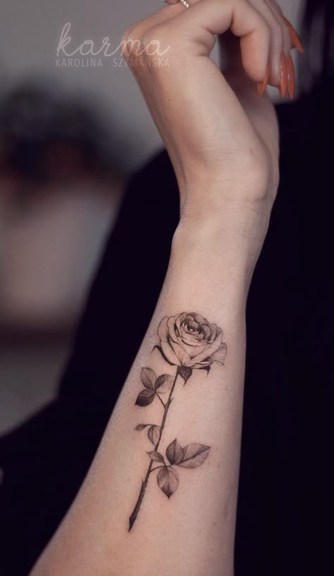 Realist Rose Tattoo, Rose Grandma Tattoo, Small Black And White Rose Tattoo, Long Stem Rose Tattoo Forearm, Fine Line Rose Vine Tattoo, Rose With Words Tattoo, Two Roses Tattoo Design, Rose Tattoo Women, Rose Tattoo Black And White