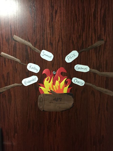 Camp Fire and Marshmallow Door Decs Camping Door Decorations, Dorm Door Decorations, Ra Door Decs, Dorm Room Doors, Ra Themes, Dorm Door, Door Decks, Preschool Room, Hall Ideas