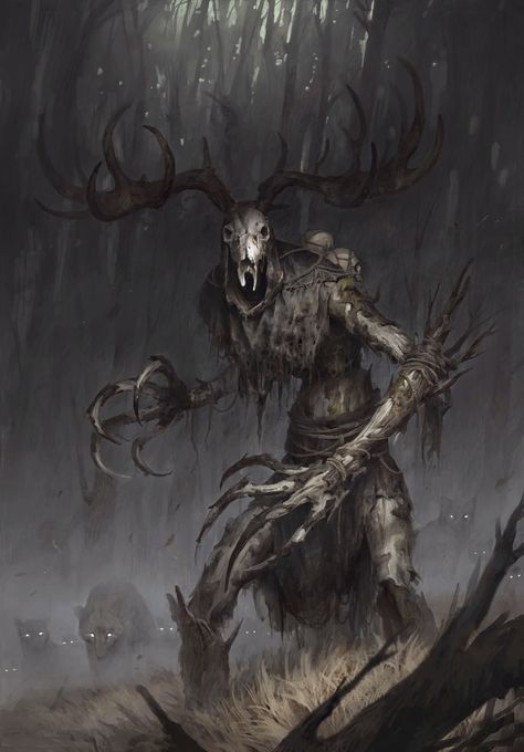 Skinwalker Concept Art, Leshen Monster Art, Leshen Monster Dnd, Dnd Skinwalker, D&d Creatures Monsters, Scary Forest Creatures, Windigo Monster Art, Leshen Witcher Art, Undead Creature Art