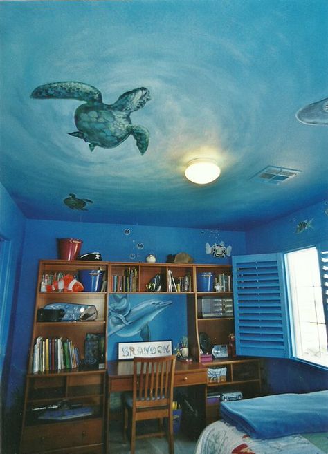 I love the ceiling being painted as the surface of the water! Paint Ocean, Underwater Bedroom, Sea Bedrooms, Underwater Room, Ocean Bedroom, 40 Aesthetic, Mermaid Photography, Shark Decor, Ocean Room