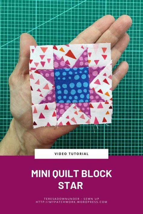 Mini Sawtooth star quilt block – Tiny quilt QAL | Sewn Up - paper pieced Mini Star Quilt Block, Mini Quilt Ornaments, Quilt Block Videos, Tiny Quilt Blocks, 3 Inch Quilt Blocks Free Pattern, Mini Quilt Blocks Free Pattern, Mini Quilt Blocks, Sawtooth Star Quilt Block, Tiny Quilts