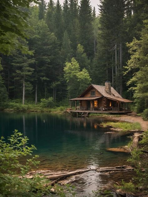 Cabin In The Woods By A Lake, Wood House In The Forest, Cabins In Mountains, Cottage On A Lake, Montana Log Cabin, Cabin In Forest Aesthetic, Wooden Forest House, Dark Cabin In The Woods, Pacific Northwest Houses