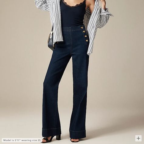 An Effortless Everyday Pair With An Instantly Classic Wide-Leg, Gold Sailor-Style Buttons On The Sides And A Flattering High Rise. Plus, These Are Crafted From 99 Percent Cotton With Just A Touch Of Stretch, So They're Structured, Durable And Designed For All-Day Comfort. Sailor Jeans, Sailor Jean, 99 Percent, Sailor Style, Sailor Fashion, Denim Trousers, Jeans Women, J Crew, Wide Leg