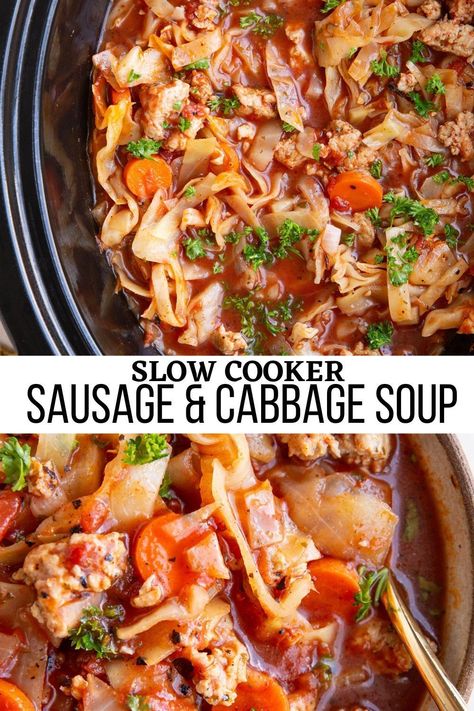 Crock Pot Sausage and Cabbage Soup is a beautiful combination of fresh vegetables, rich tomato broth, and Italian sausage. This simple recipe is easy to customize and is the perfect weeknight dinner for the chilly months of the year. #crockpot #slowcooker #sausage #cabbage Sausage Cabbage Soup, Sausage And Cabbage Soup, Crock Pot Sausage, Cabbage Soup Crockpot, Sausage Vegetable Soup, Sausage Cabbage, Sausage And Cabbage, Sausage Crockpot, Crock Pot Cabbage