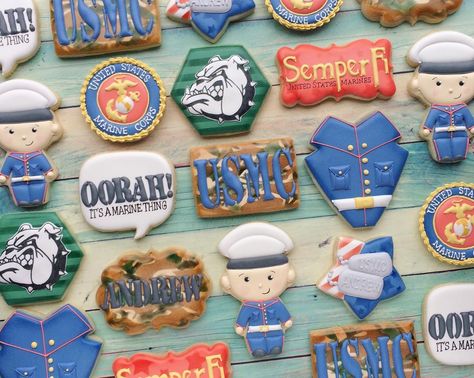 Marine Corps Cookies Decorated, Marine Cookies, Marine Graduation, Military Cake, Baking Decor, Us Marine Corps, Cookie Exchange, Cookie Ideas, Icing Cookies