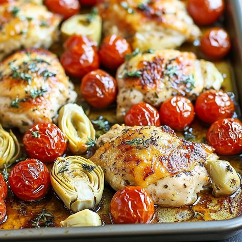 Sheet Pan Tomato and Artichoke Chicken: A Simple, Flavorful Dinner Chicken With Artichokes And Tomatoes, Sheet Pan Artichoke Chicken, Sheet Pan Tomato And Artichoke Chicken, Baked Chicken With Artichokes, Chicken And Artichokes Recipes, Chicken And Artichoke Hearts, Chicken And Artichoke Recipes, Chicken Breast Sheet Pan Dinner, Mediterranean Sheet Pan Dinners