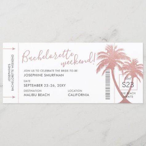 Destination Bachelorette Party Palm Boarding Pass Invitation Destination Bachelorette Party, Destination Bachelorette, Boarding Pass Invitation, Bachelorette Party Destinations, Tropical Invitations, Passport Wedding Invitations, Awesome Bachelorette Party, Bachelorette Party Beach, Marriage Party