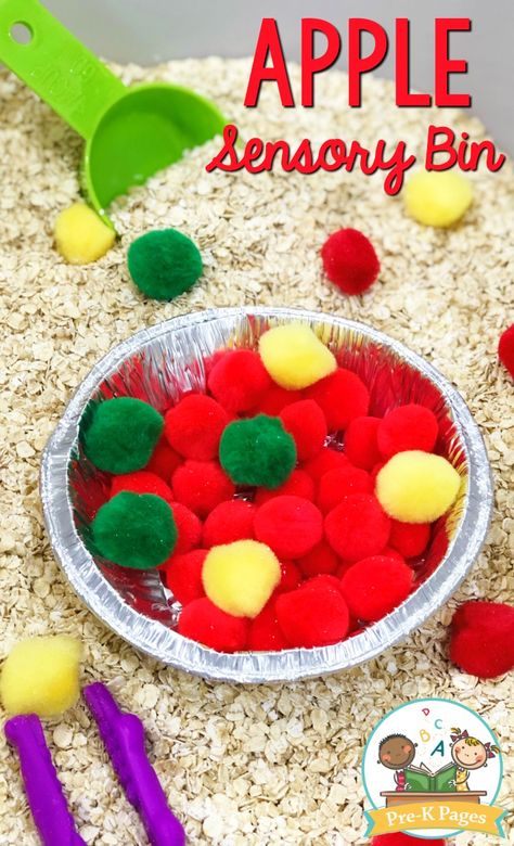 Letter A Sensory Bin Ideas, Apple Week Sensory Bin, September Crafts Toddlers, Apple Facts For Preschool, Apple Large Motor Activities Preschool, Apple Pie Craft For Toddlers, Letter A Sensory Activities, Red Sensory Activities, Apple Craft Toddler