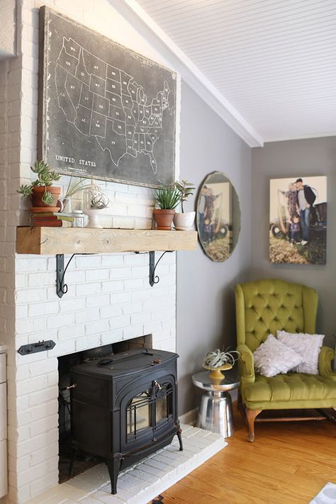 Birch + Bird Vintage Home Interiors » Blog Archive » Week + End: High Five, It’s Friday! Basement Fireplace, White Brick, Fireplace Mantle, Style At Home, Wood Burning Stove, Fireplace Decor, A Living Room, Wood Stove, Home Interior