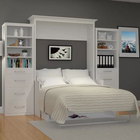 Xtraroom Avalon Full Portrait Wall Bed with Desk and Two Towers | Wayfair Full Murphy Bed, Full Size Murphy Bed, Bed With Shelves, Murphy Bed Ikea, Murphy Bed Desk, Queen Murphy Bed, Modern Murphy Beds, Murphy Bed Plans, Bed Platform